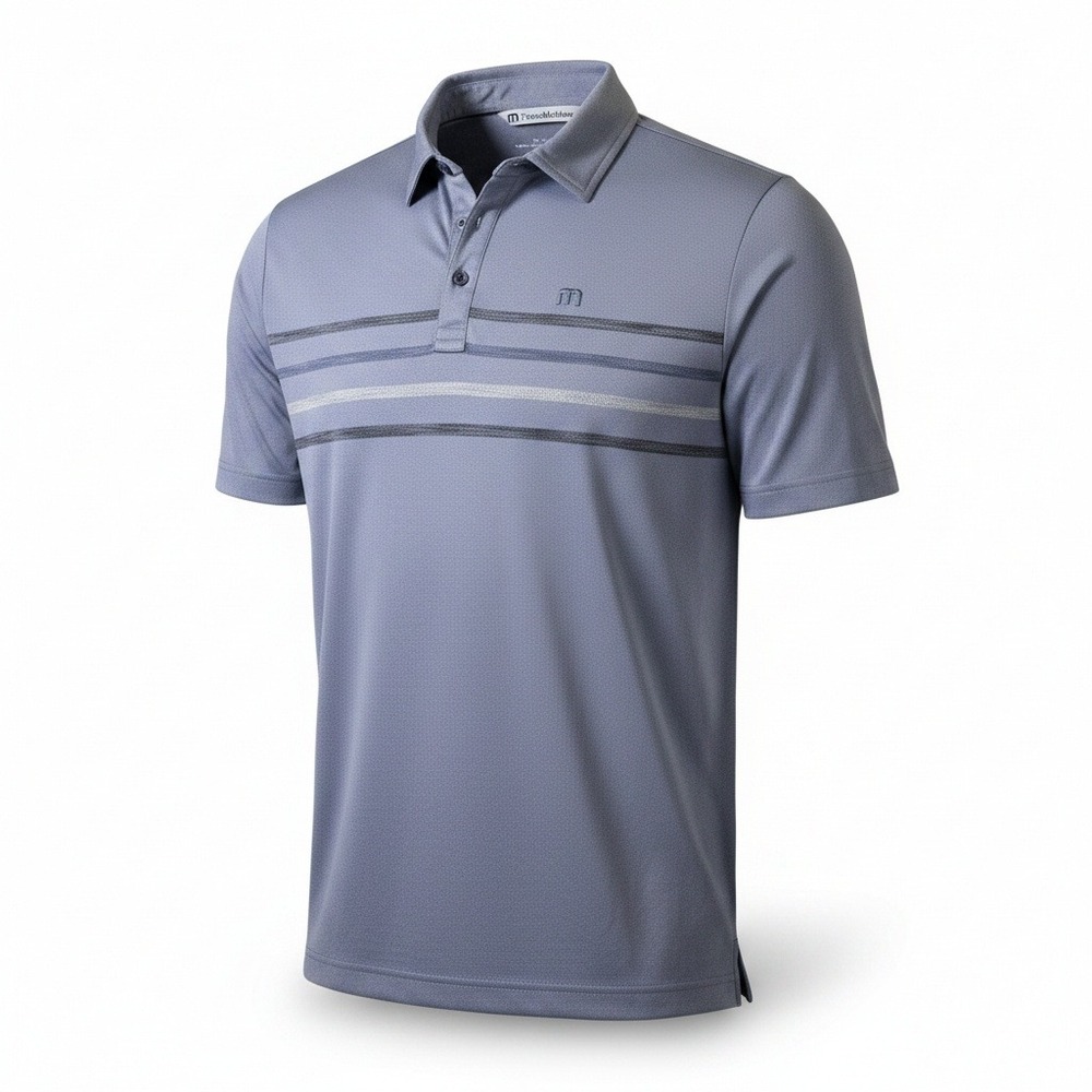 TravisMathew Mens Polo‎ Shirt Medium Blue Gray Striped Short Sleeve Golf Top